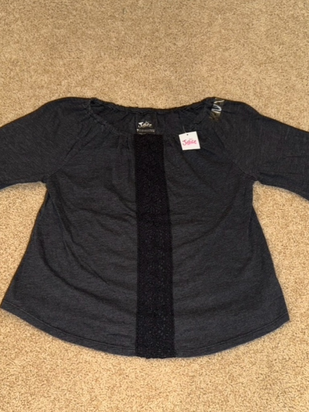 Black Lace Panel 3/4 Sleeve Top Size 12 NWT